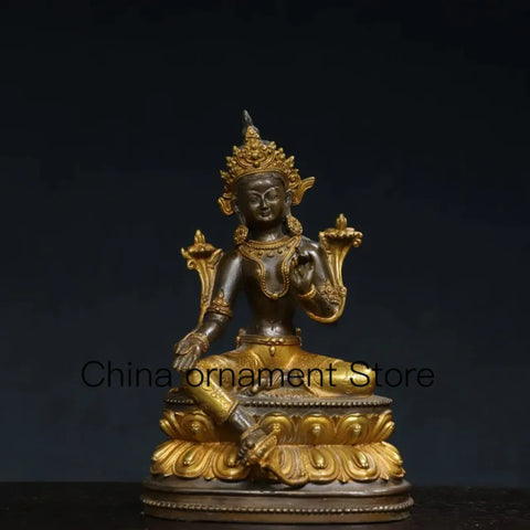 Statue tibétaine népalaise en laiton doré vert Tara Bodhisattva assis